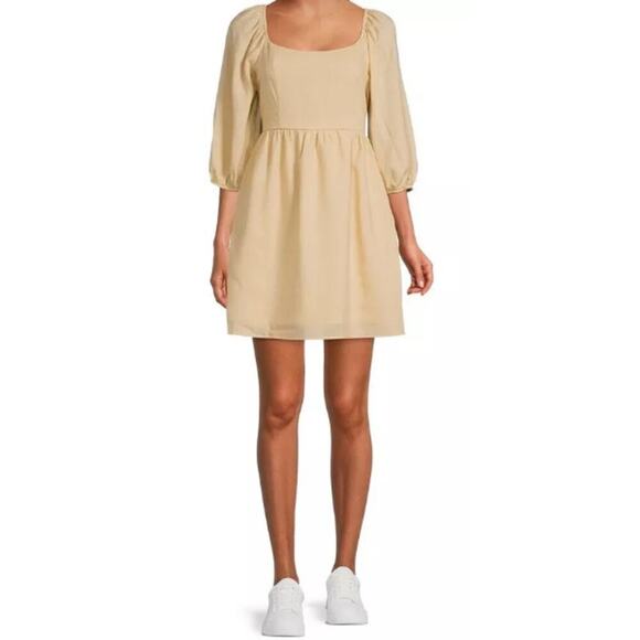 Every Size Medium Babydoll Mini Dress Tan Chai Smocked Square Neck Puff Sleeves - Picture 1 of 10